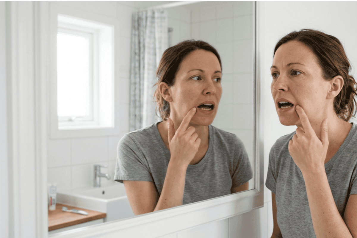 my-filling-fell-out-but-nothing-hurts - McDougall PhD, DDS | Tulsa Dentist Near Me | Tulsa, OK Woman in a gray shirt examines her teeth in a bathroom mirror, touching her lower lip with a thoughtful expression.