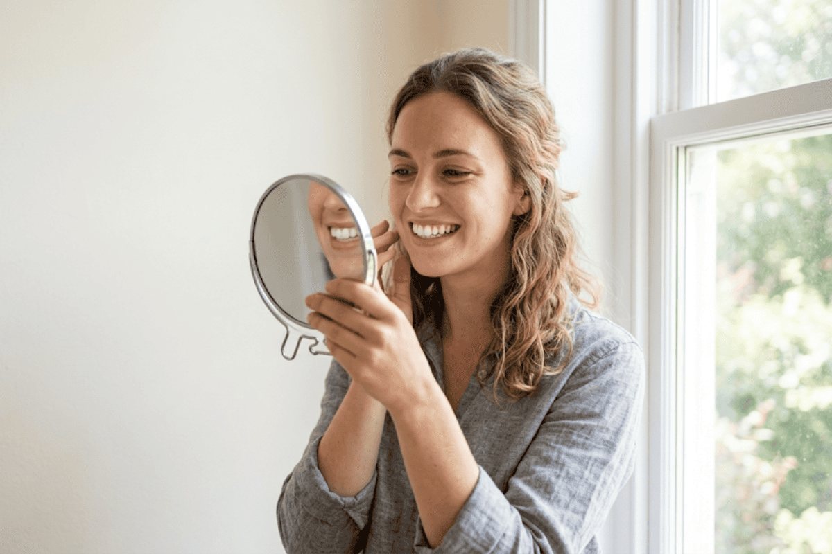 why-are-my-teeth-yellow-even-though-i-brush - McDougall PhD, DDS | Tulsa Dentist Near Me | Tulsa, OK Woman in a gray shirt smiles while looking at her reflection in a round handheld mirror by a sunlit window.