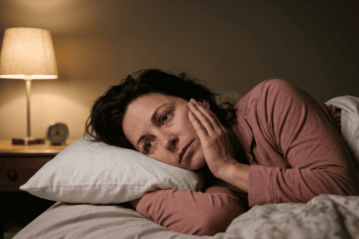 why-does-my-tooth-hurt-only-at-night - McDougall PhD, DDS | Tulsa Dentist Near Me | Tulsa, OK Woman lying in bed with her head on a pillow, looking worried while clutching her face at night.