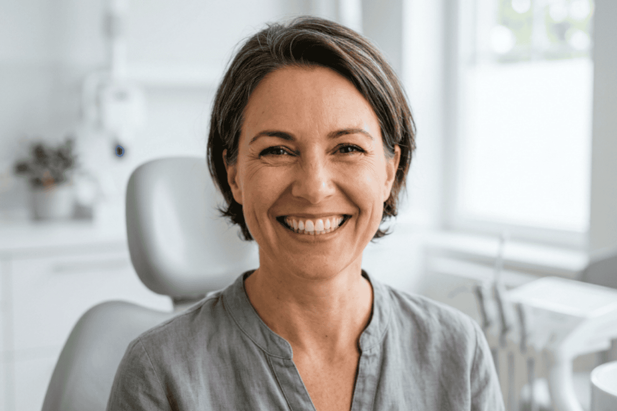 can-receding-gums-grow-back-on-their-own 1 - McDougall PhD, DDS | Tulsa Dentist Near Me | Tulsa, OK Smiling woman in a dental clinic, seated in a chair with dental equipment and white cabinets in the background.