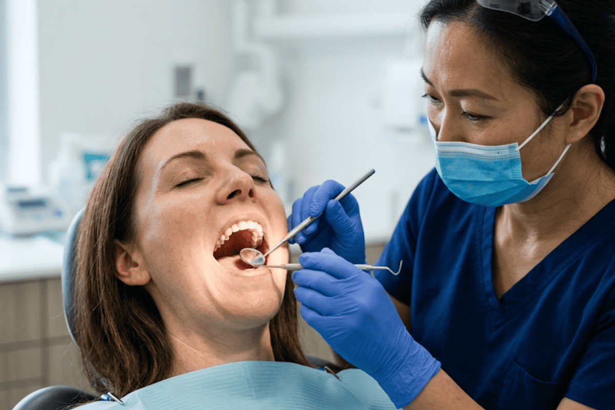 Dentist in mask and blue gloves examining a patient's open mouth with dental tools during a checkup.